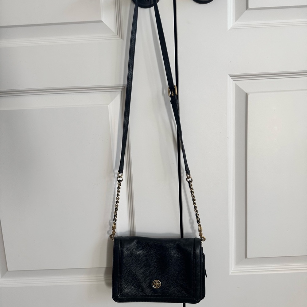 Tory Burch Elegant Black Soft Leather Crossbody Bag with Gold Accents